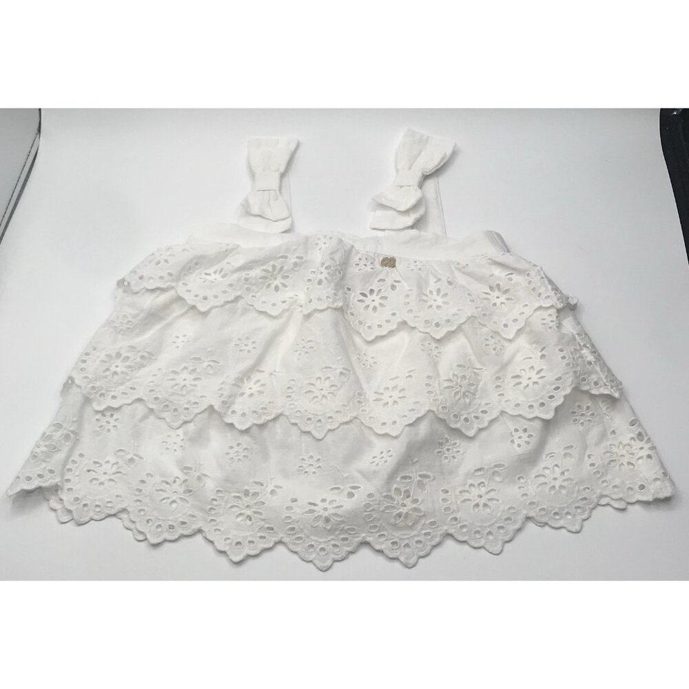 Lili Gaufrette Tank Top Girls Size 3 White Ruffle‎ Tiered Bows Eyelet